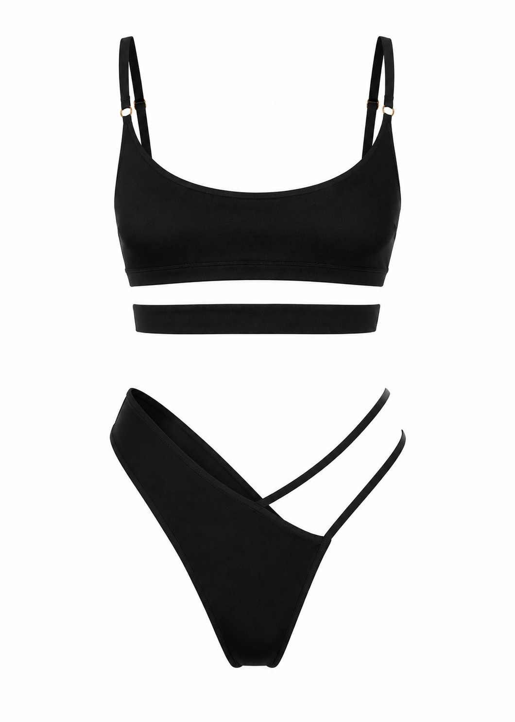 Luxury black bikini set with asymmetrical bralette top and double strap bottoms by X WOMAN South Africa