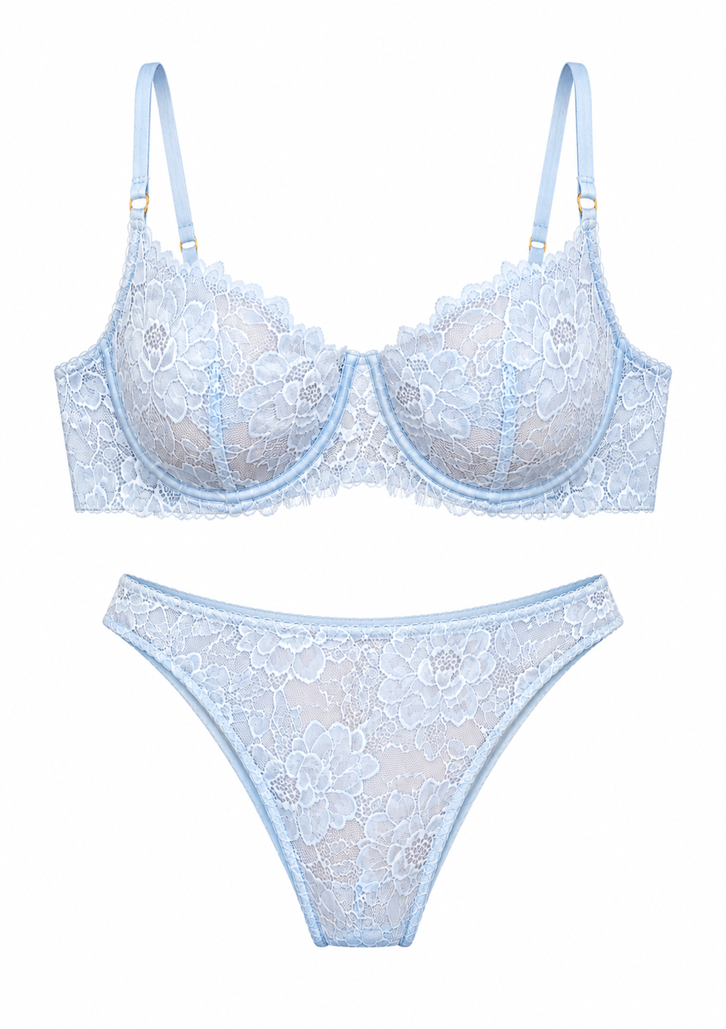 Light blue lace bra and panties set on a white background