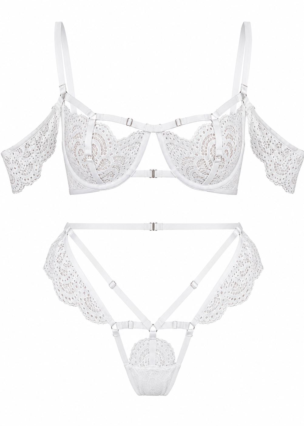 White lace bra and panties set on a white background