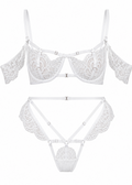 White lace bra and panties set on a white background