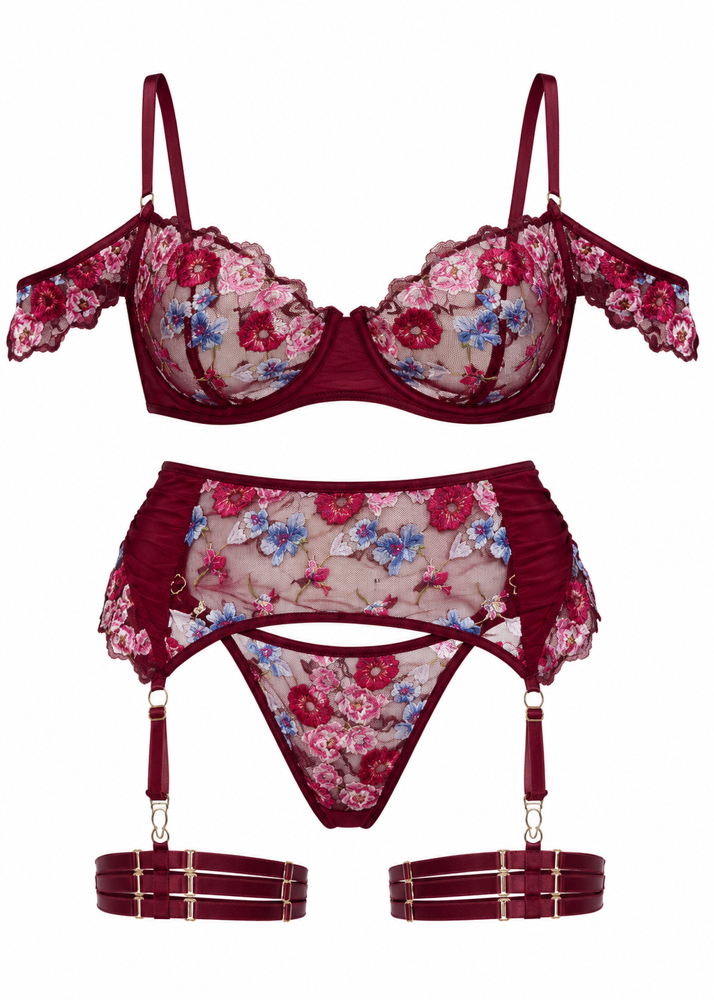 Floral lingerie set with bra, panties, and garter belt on a white background