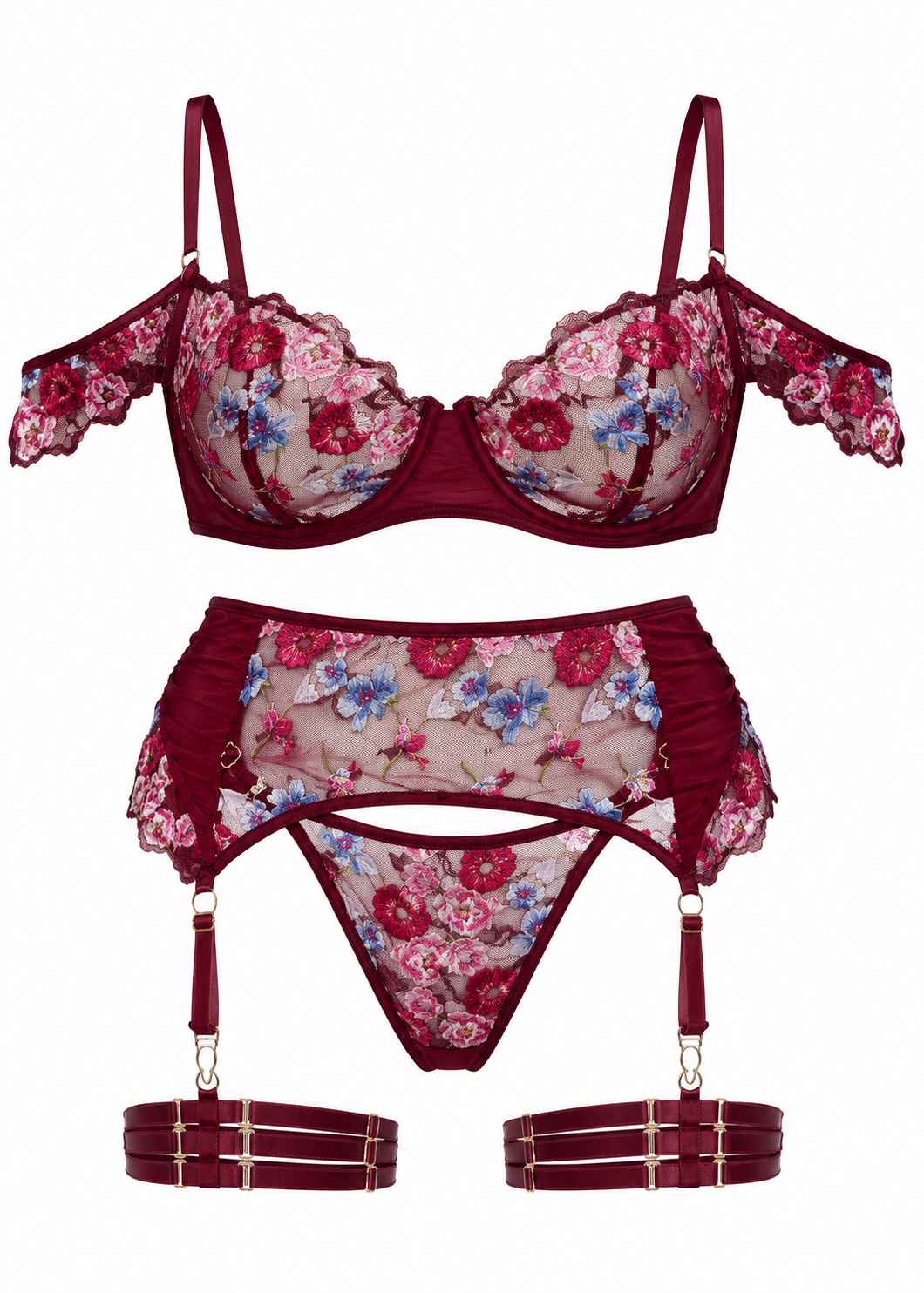 Floral lingerie set with bra, panties, and garter belt on a white background