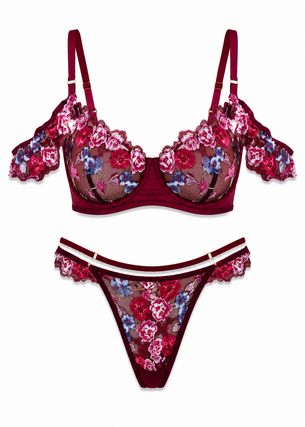 Floral lingerie set with red bra and matching panties on a white background