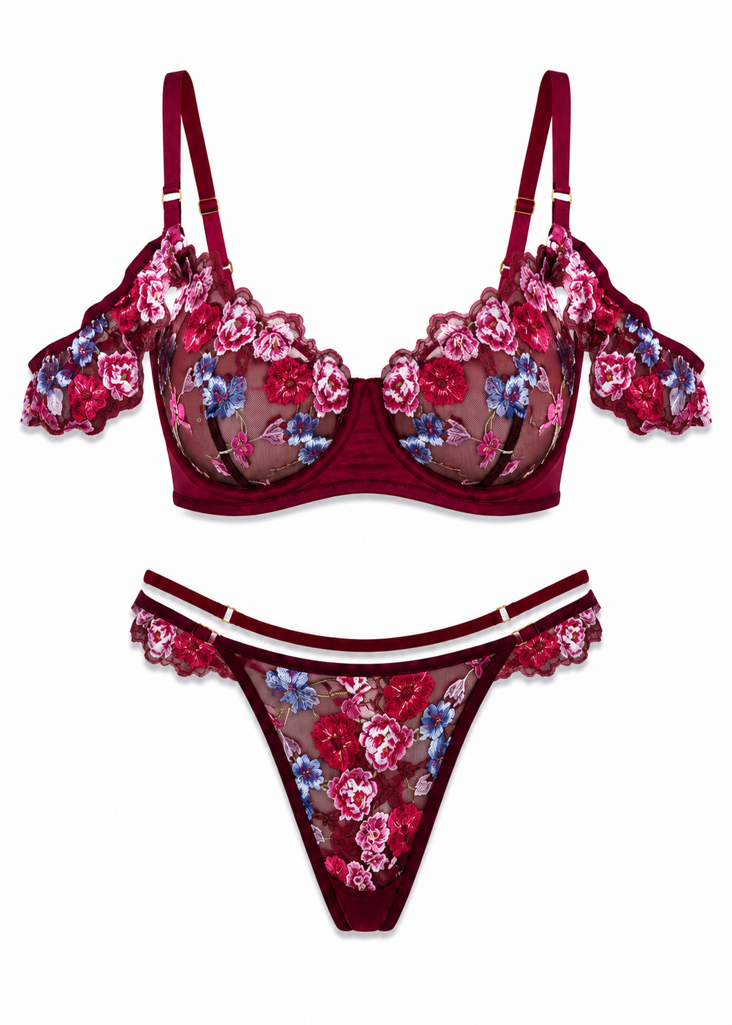 Floral lingerie set with red bra and matching panties on a white background