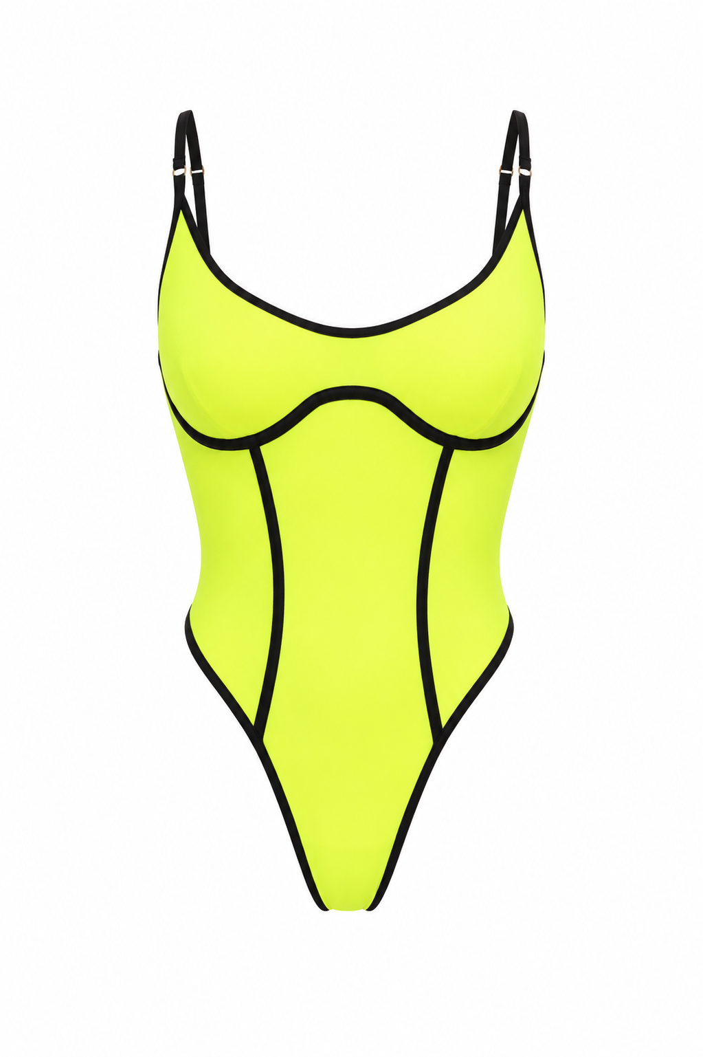 Luxury neon yellow one-piece swimsuit with black contour detailing by X WOMAN