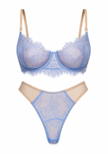 Blue lace bra and panties set on a white background