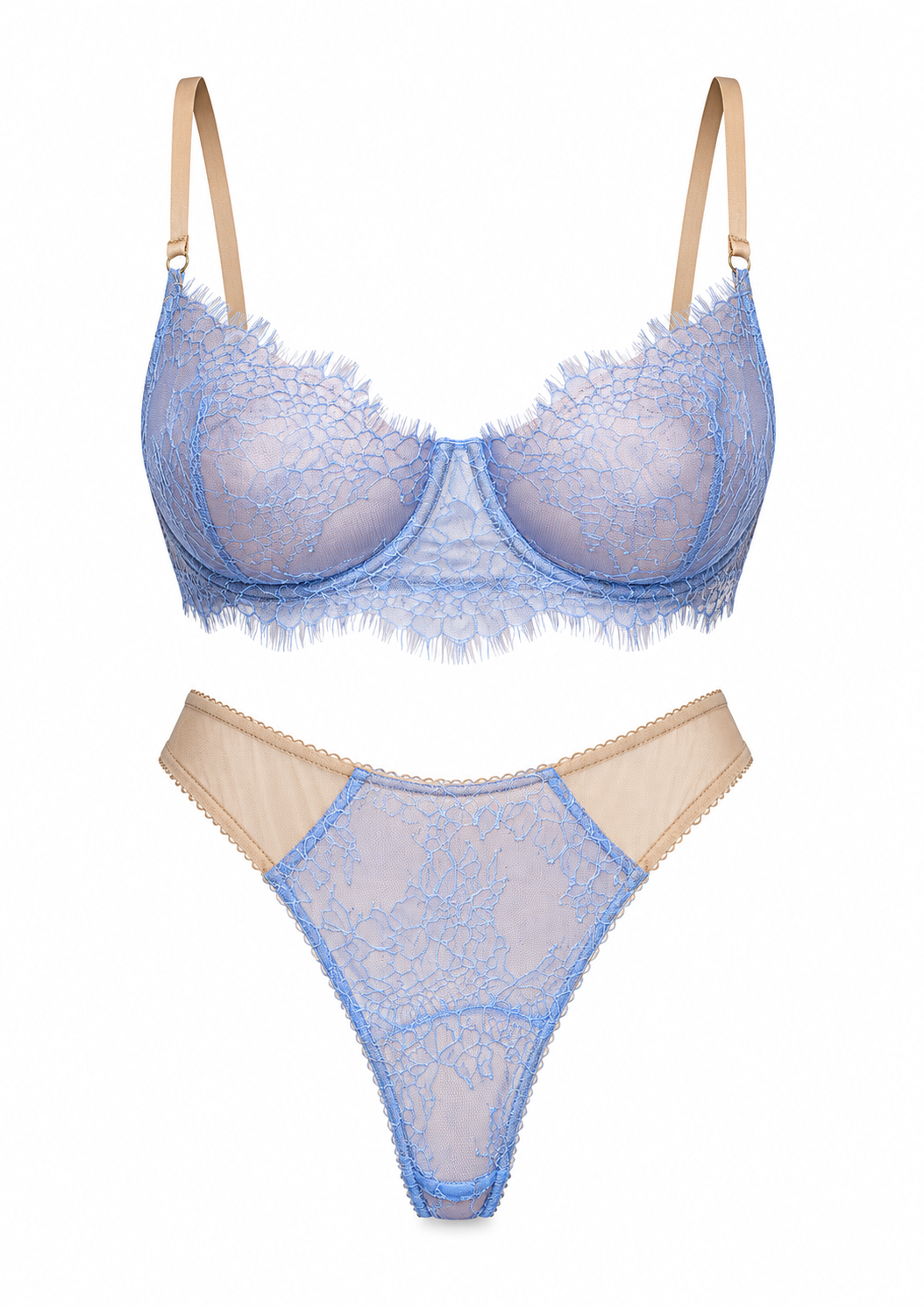 Blue lace bra and panties set on a white background