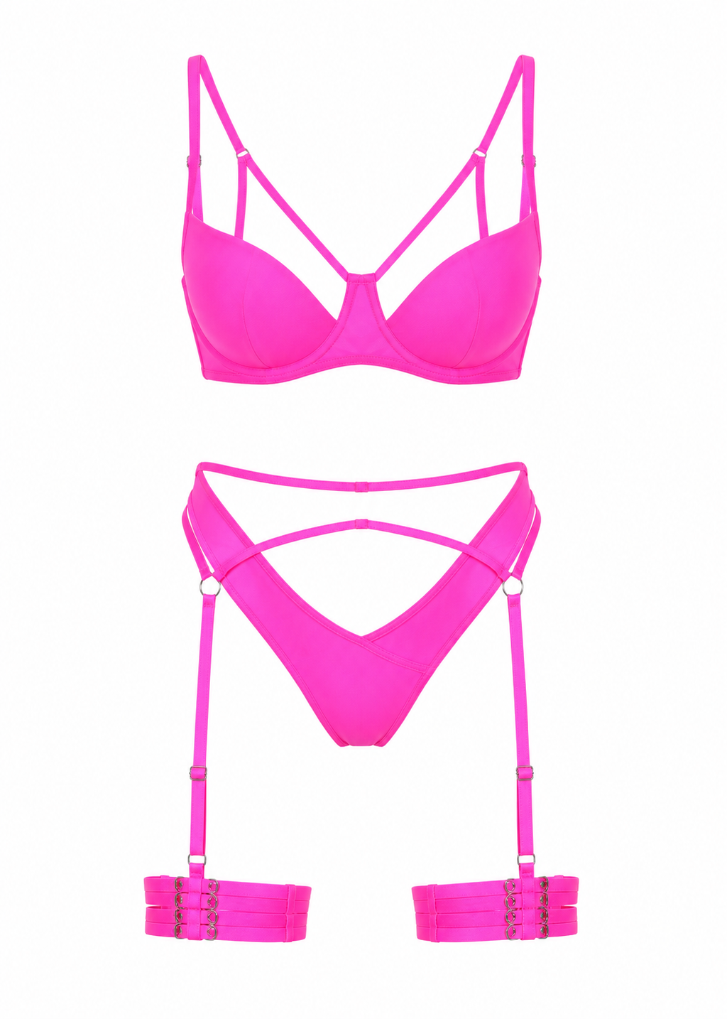 Pink bikini set with matching garter belt on a white background