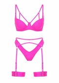 Pink bikini set with matching garter belt on a white background