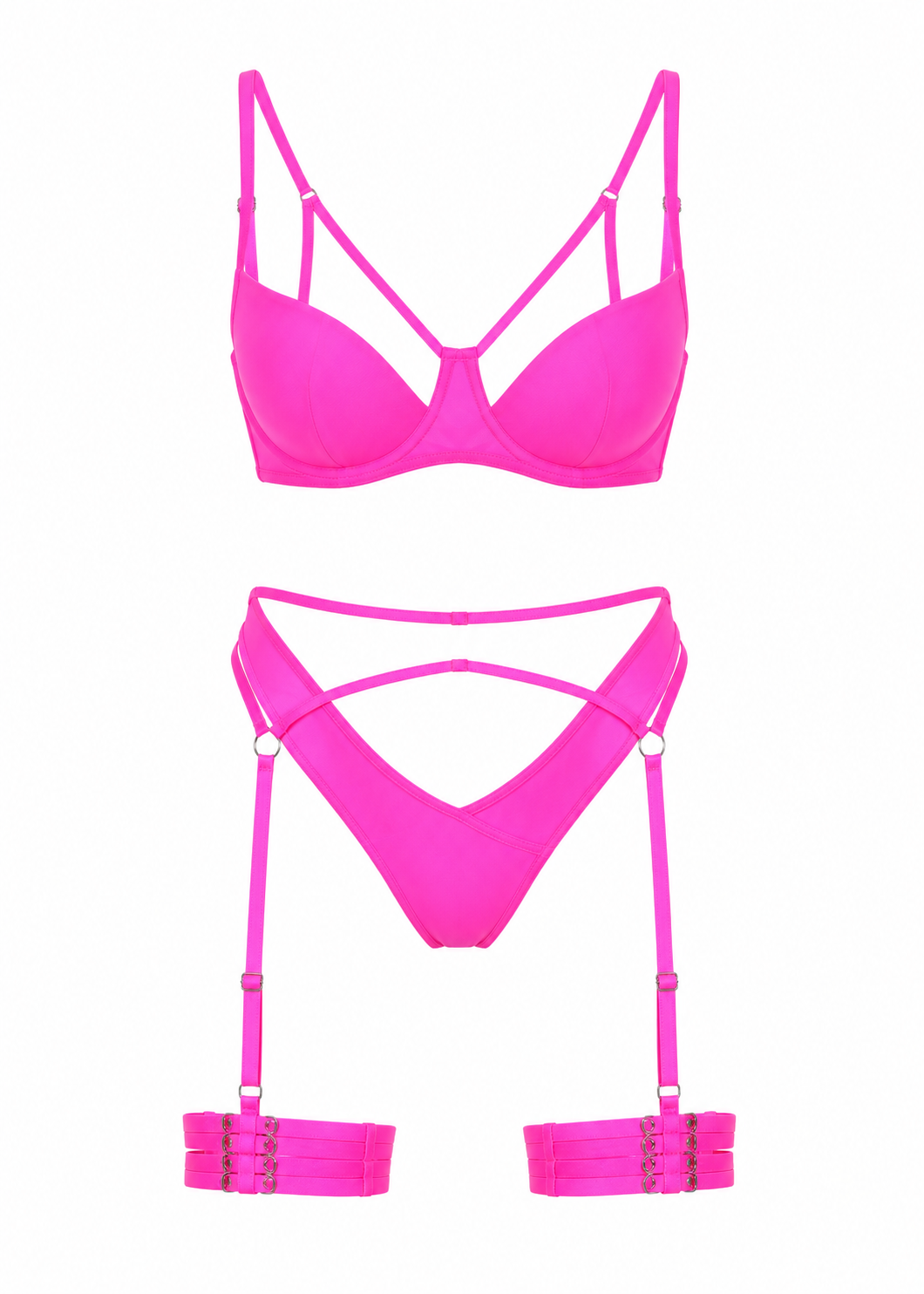 Pink bikini set with matching garter belt on a white background