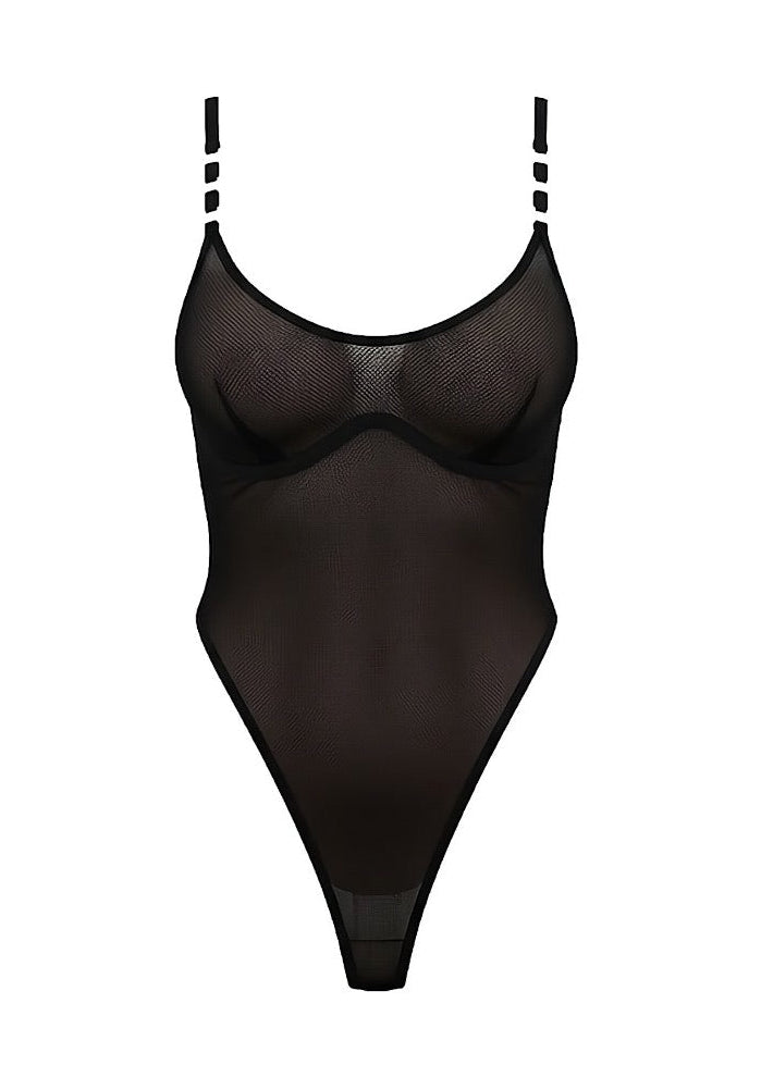 Black swimsuit with thin straps on a white background