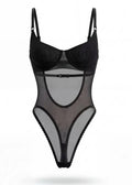 Black lingerie set with mesh panels on a white background