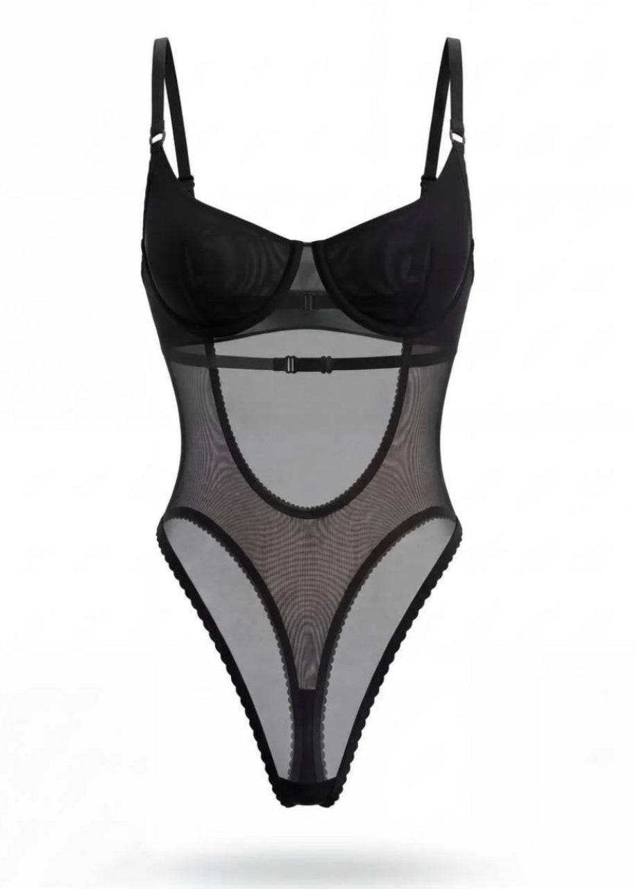 Black lingerie set with mesh panels on a white background