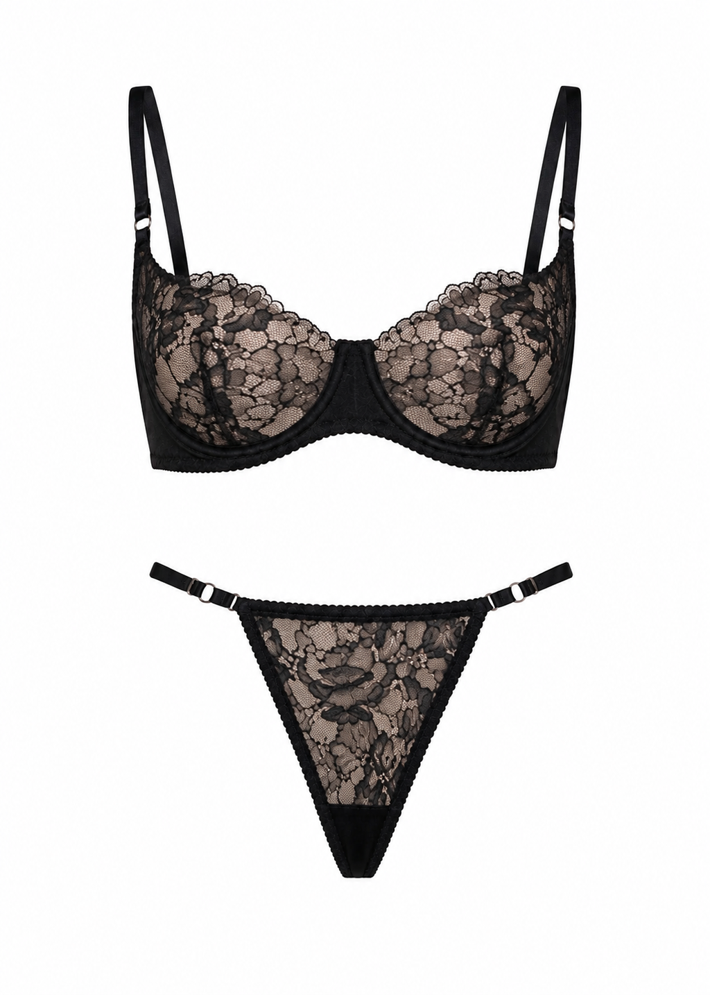 Black lace bra and thong set on a white background