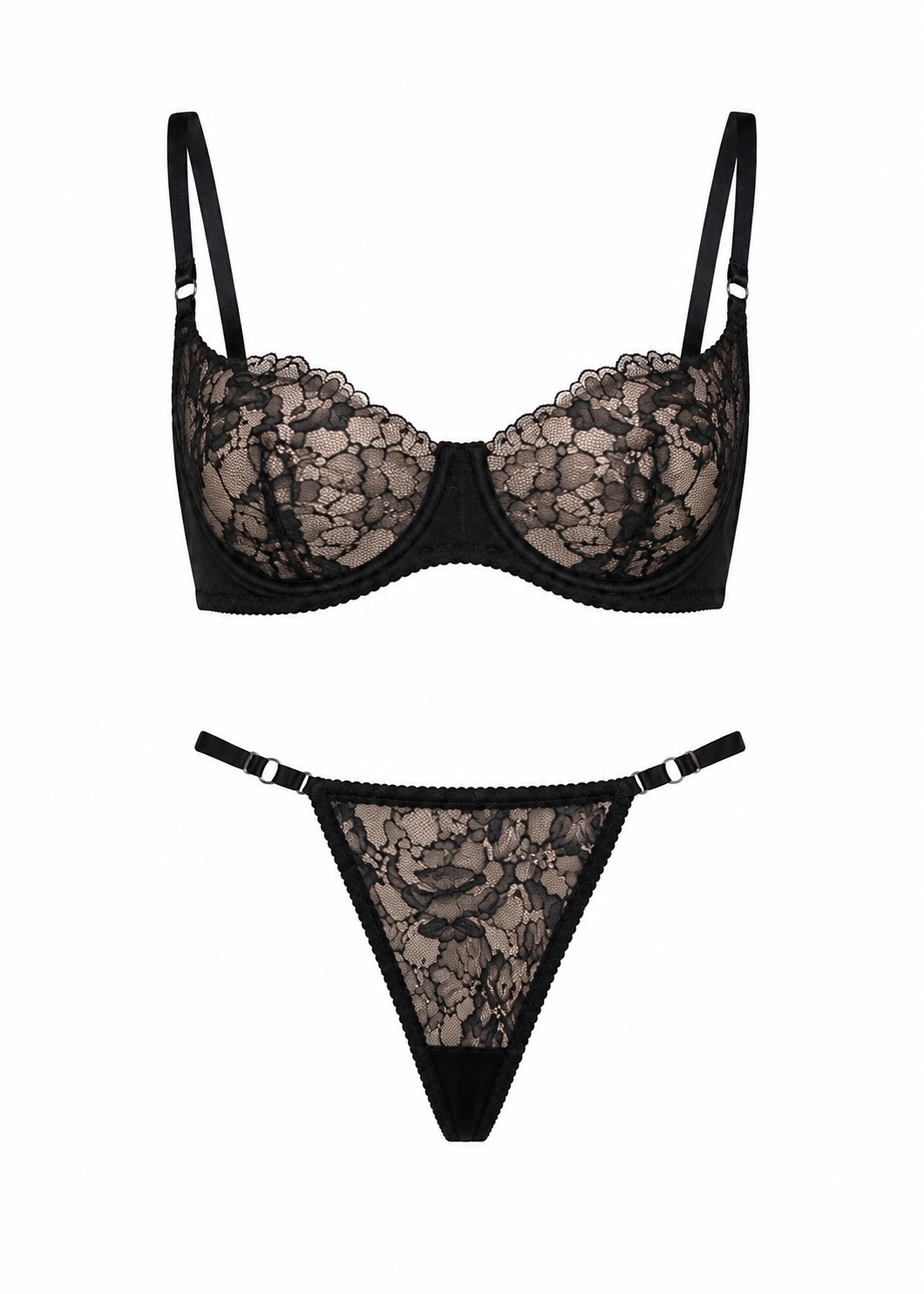 Black lace bra and thong set on a white background