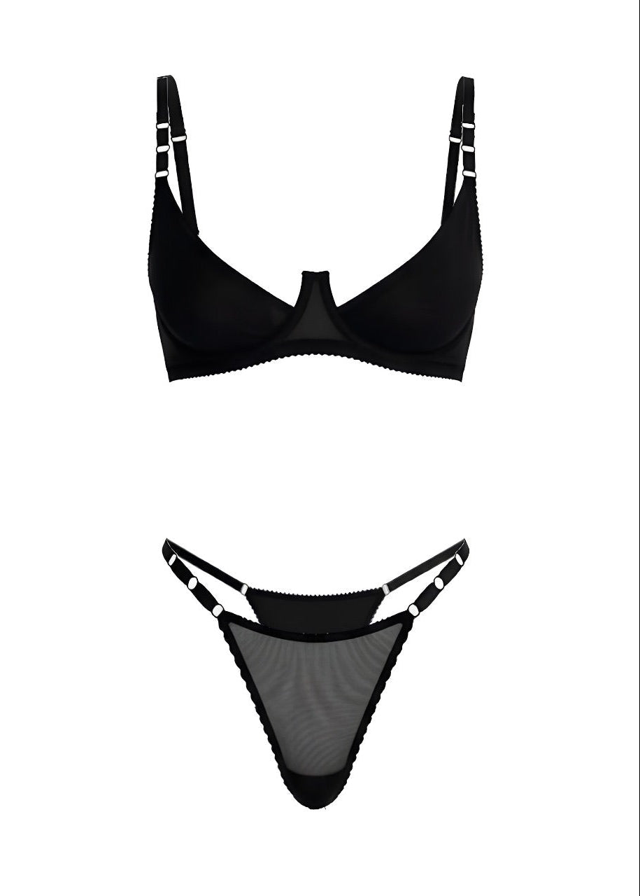 Black bikini set with white accents on a white background
