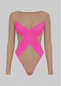 Beige bodysuit with pink cut-out design on a white background