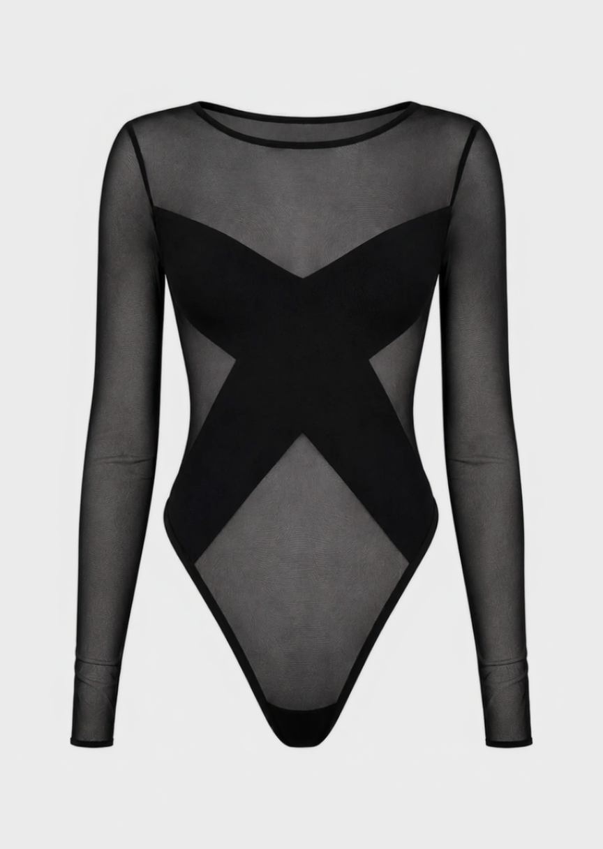 Black mesh bodysuit with long sleeves on a white background