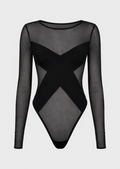 Black mesh bodysuit with long sleeves on a white background