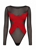 Black bodysuit with a red X-shaped design on a white background