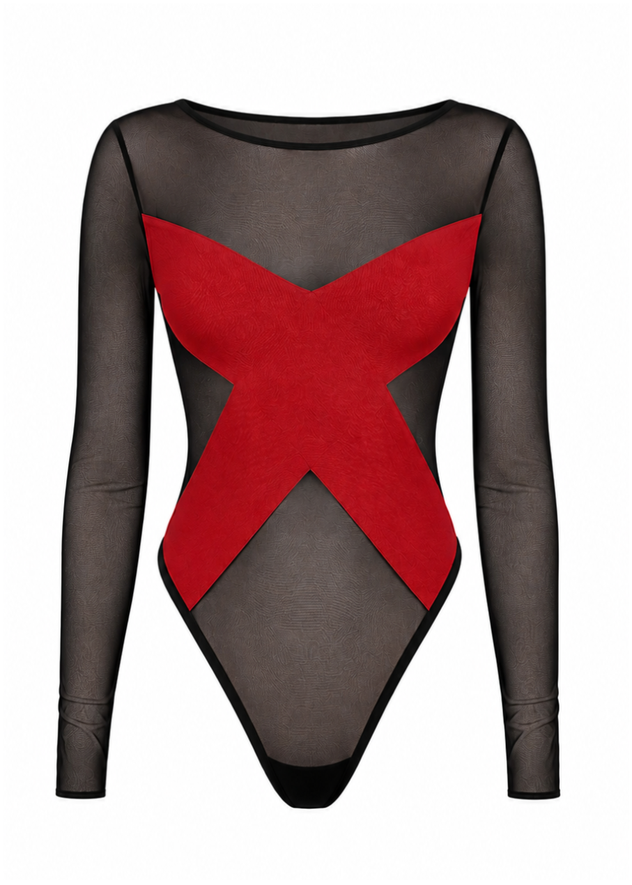 Black bodysuit with a red X-shaped design on a white background