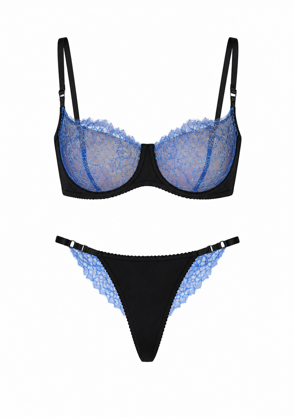 Black bra and panties set with blue lace detailing on a white background