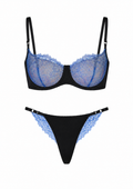 Black bra and panties set with blue lace detailing on a white background