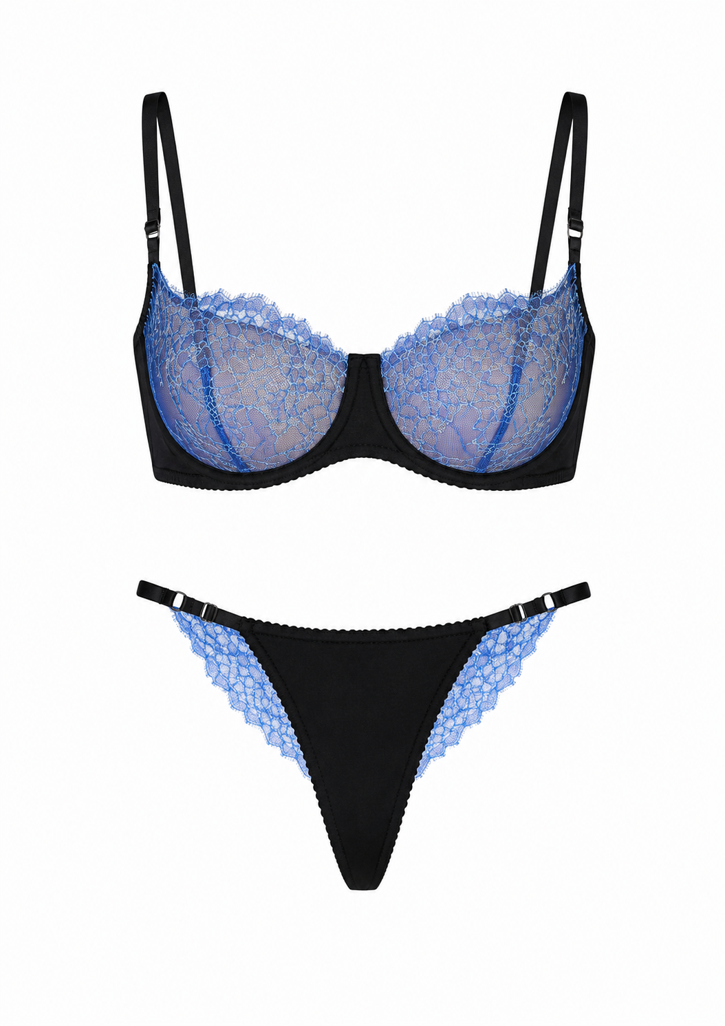 Black bra and panties set with blue lace detailing on a white background