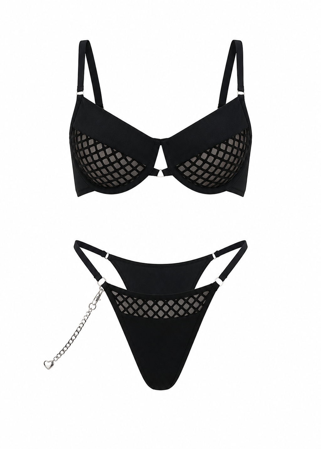 Black bikini set with mesh details on a white background
