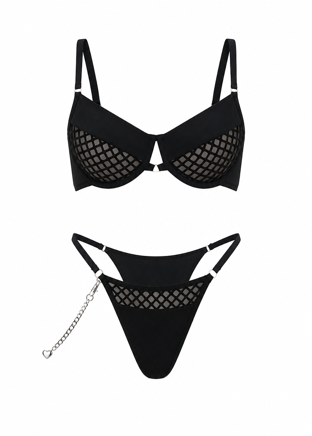 Black bikini set with mesh details on a white background