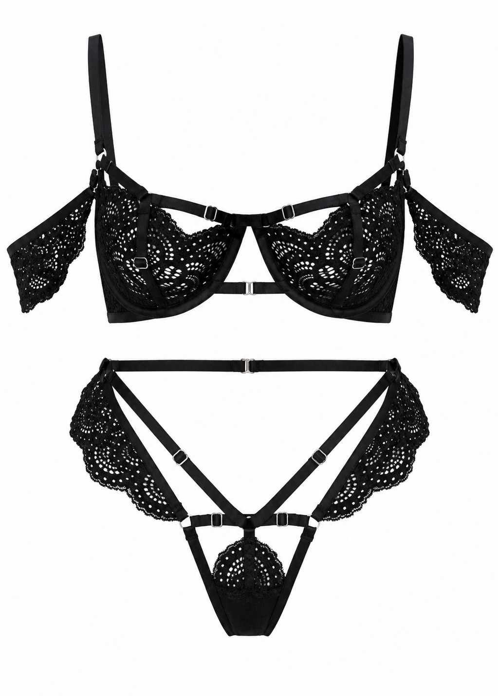 Black lace lingerie set on a white background