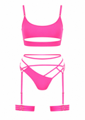 Pink bikini set with strappy details on a white background