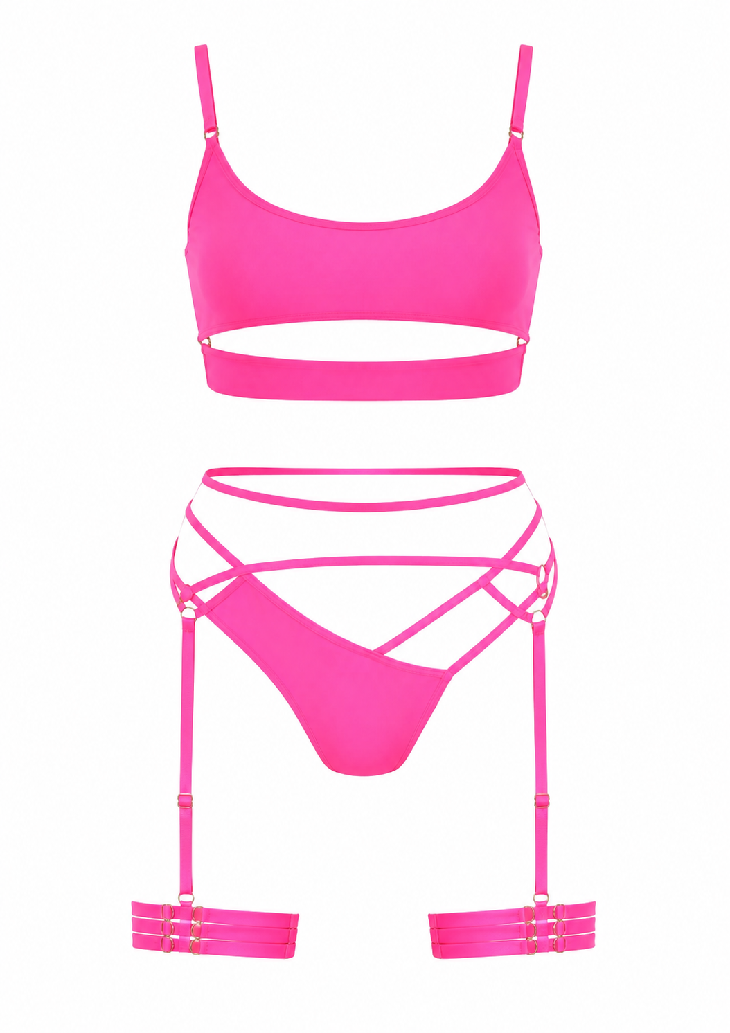 Pink bikini set with strappy details on a white background