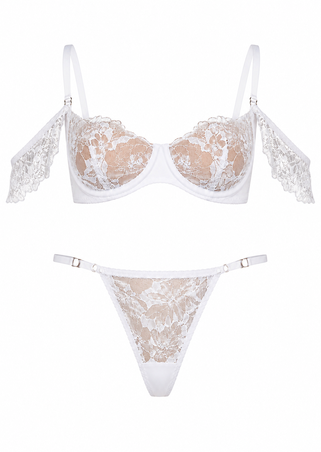 White lace bra and panties set on a white background