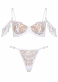 White lace bra and panties set on a white background