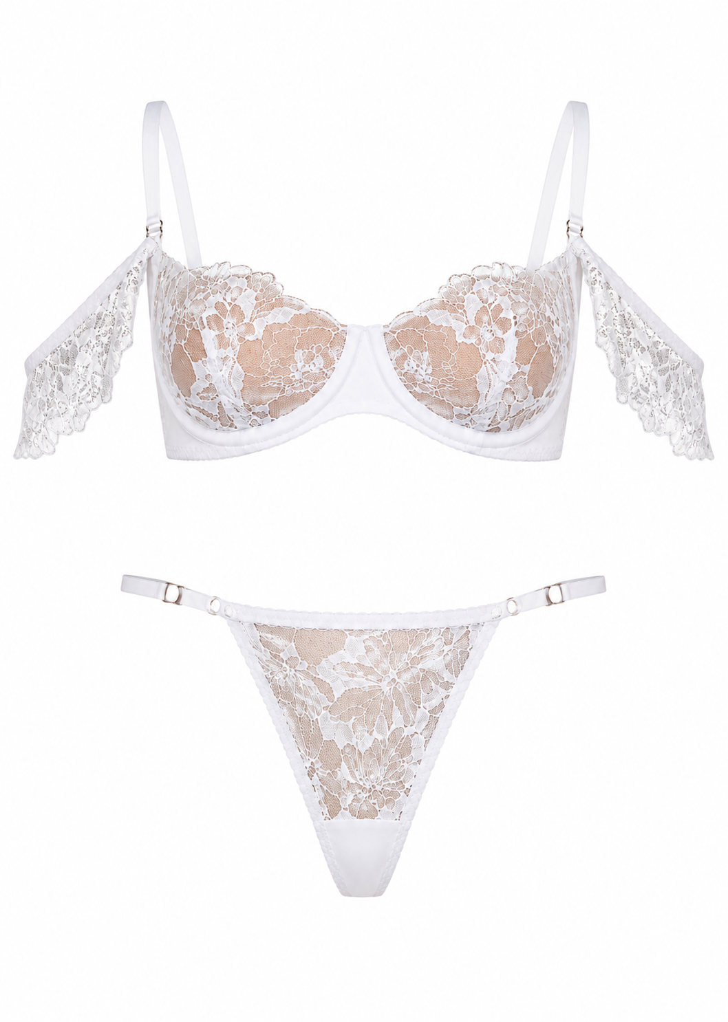 White lace bra and panties set on a white background
