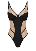 Black and beige one-piece swimsuit on a white background