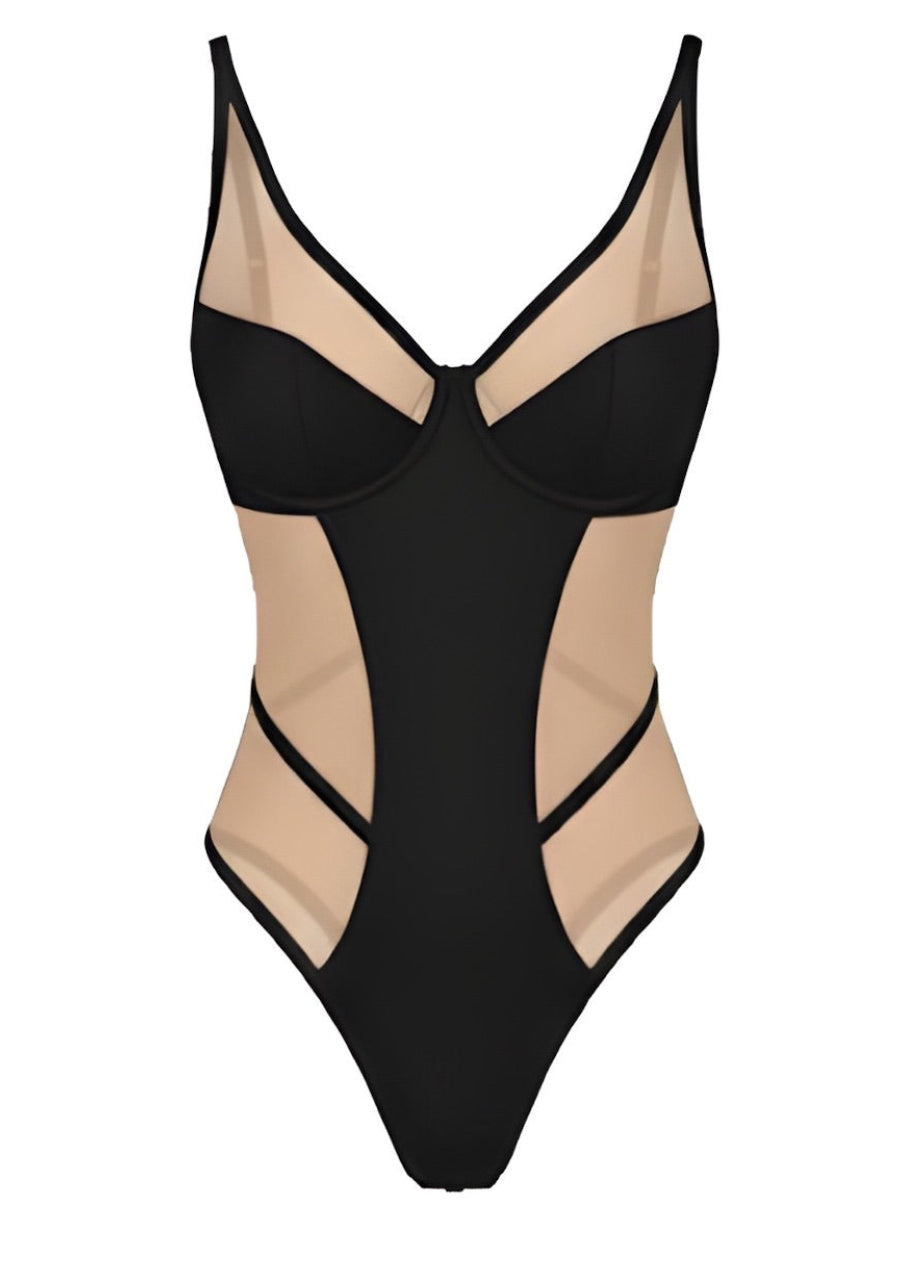 Black and beige one-piece swimsuit on a white background