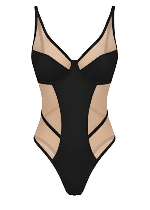 Black and beige one-piece swimsuit on a white background