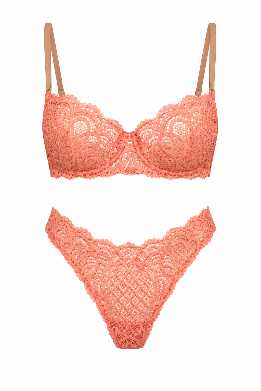 Luna Peach Lace Lingerie Set with V Thong
