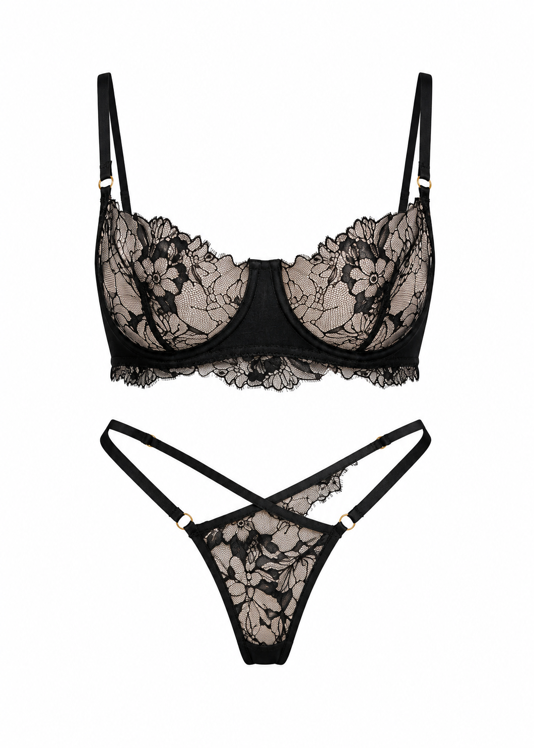Santia black lace lingerie set with underwire bra and adjustable thong by xwoman.