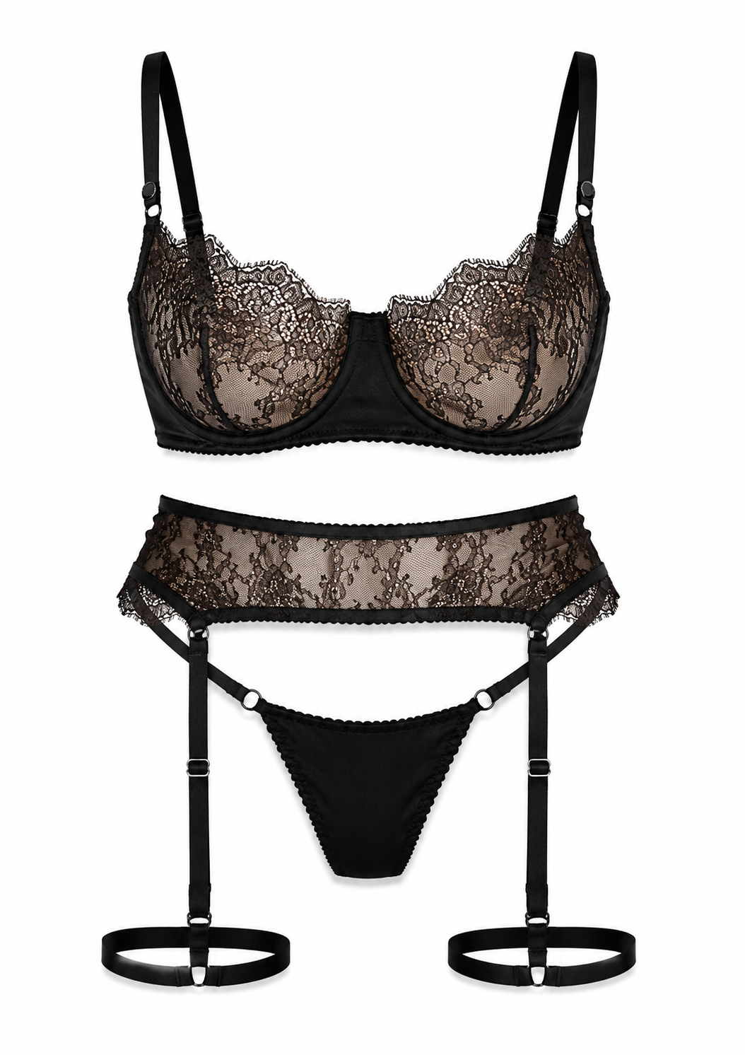 Black lace lingerie set with garter belt on a white background
