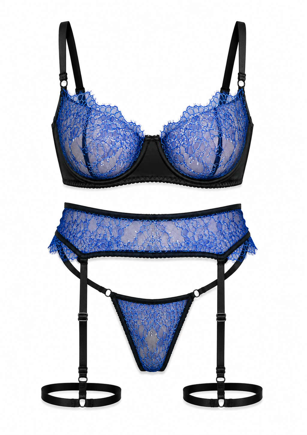 Blue lace lingerie set with garter belt on a white background