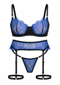 Blue lace lingerie set with garter belt on a white background