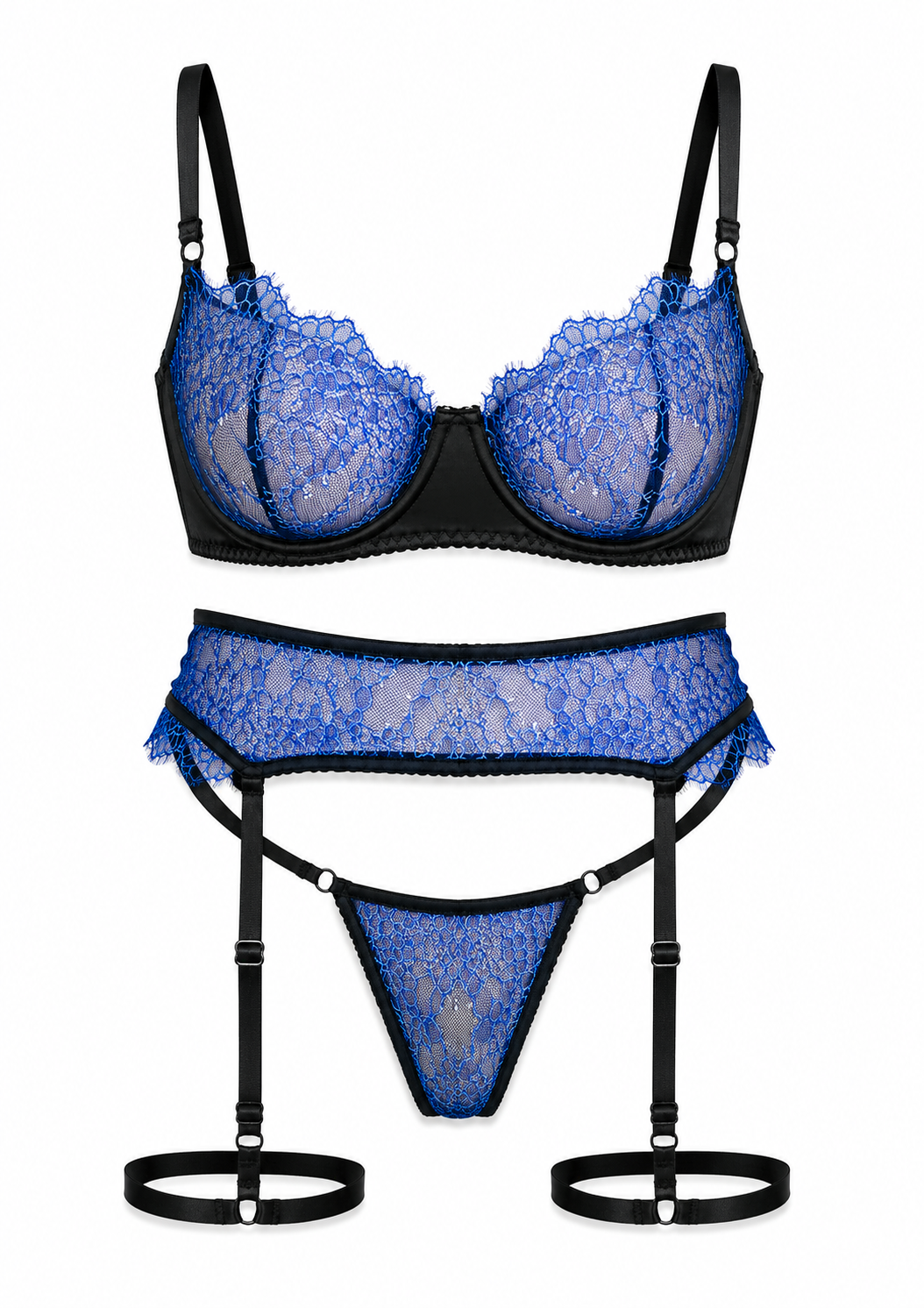 Blue lace lingerie set with garter belt on a white background