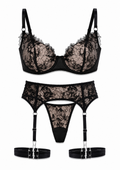 Black lace lingerie set on a white background