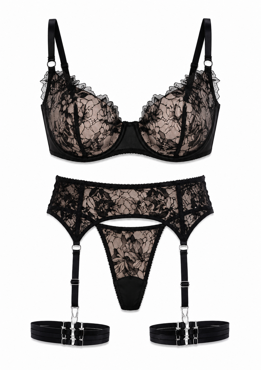 Black lace lingerie set on a white background