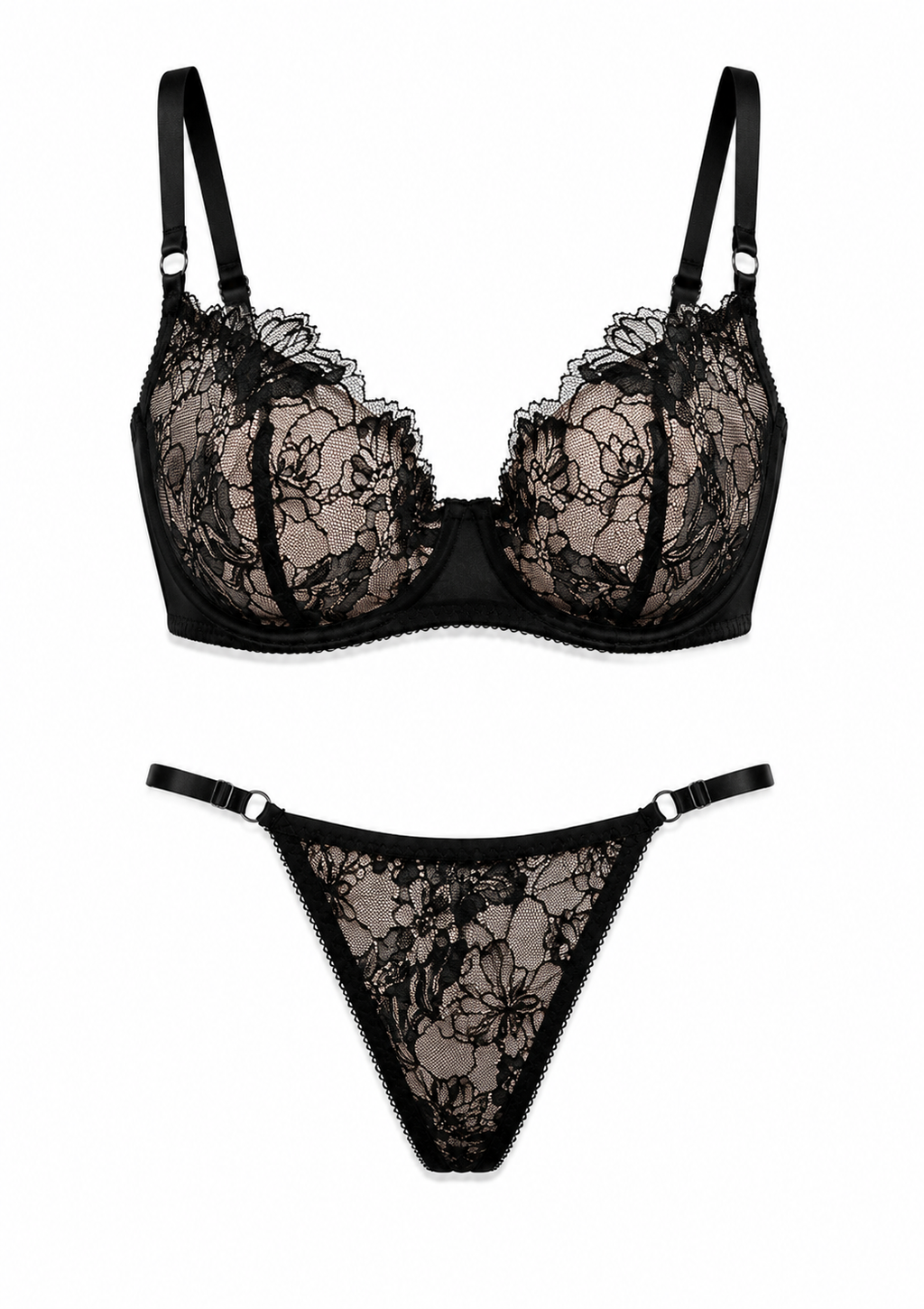 Black lace lingerie set on a white background