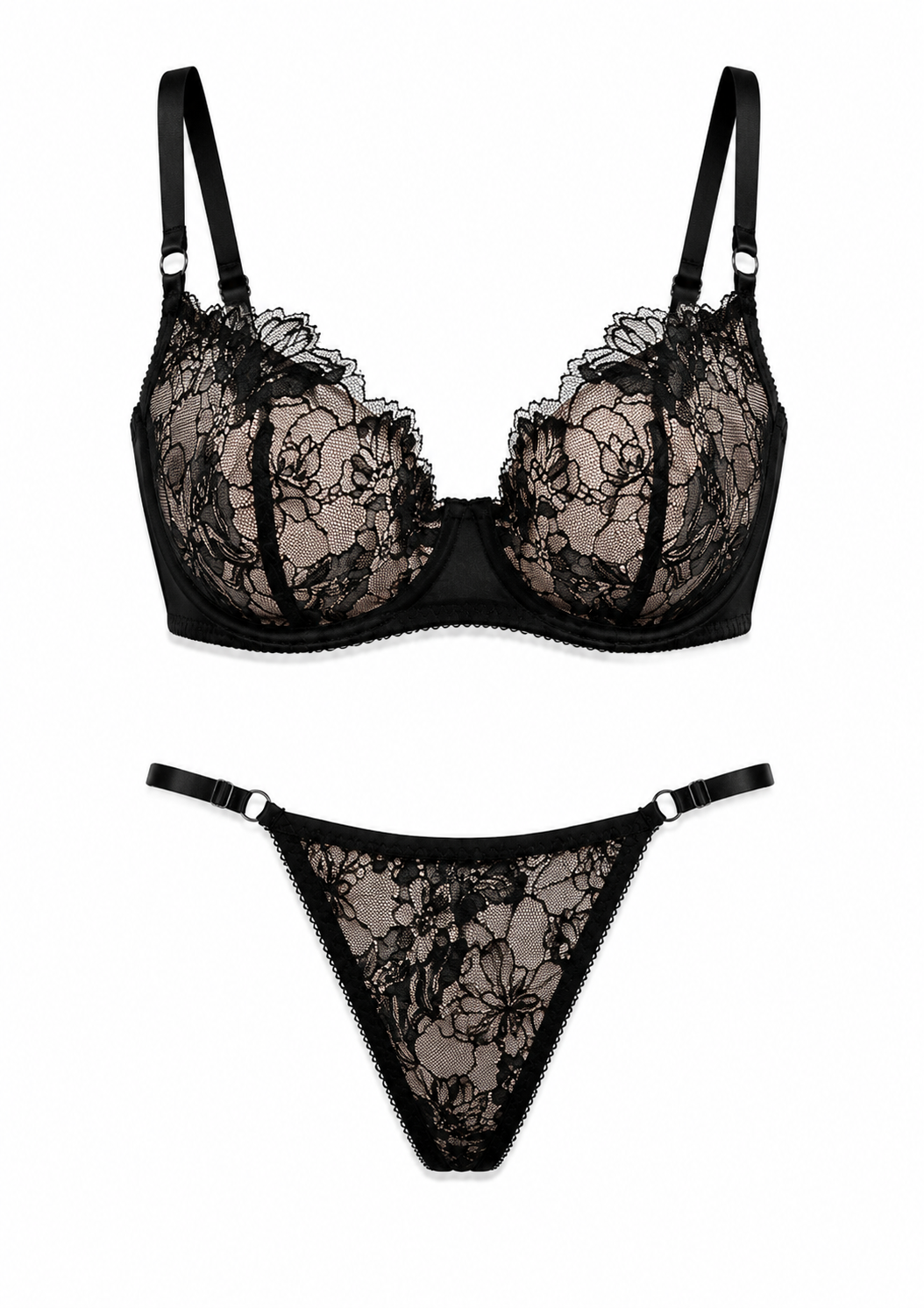 Black lace lingerie set on a white background