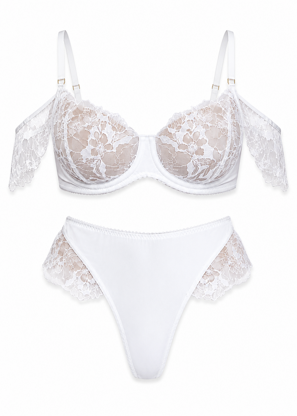 White lace bra and panties set on a white background